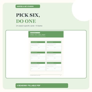 Può includere: Un foglio di pianificazione digitale intitolato PICK SIX, DO ONE con 24 schede specifiche per la stagione e 6 vuote. Il documento presenta uno schema di colori verde e bianco con sezioni per le attività primaverili.