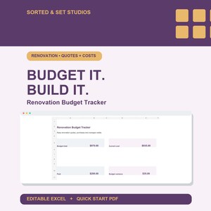 Può includere: Un foglio di calcolo digitale per il monitoraggio del budget di ristrutturazione visualizzato su uno schermo. L'intestazione riporta SORTED & SET STUDIOS, RENOVATION • QUOTES + COSTS, BUDGET IT. BUILD IT. Renovation Budget Tracker.