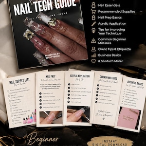 Può includere: Una guida digitale per onicotecnici con una copertina che mostra unghie decorate e sezioni intitolate Nail Supply List, Nail Prep, Acrylic Application, Common Mistakes e Business Basics, completa di testo, liste di controllo e icone.