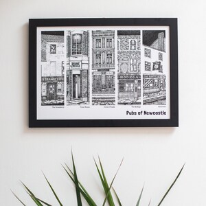 May include: Black and white illustration of five pubs in Newcastle, England. The pubs are The Strawberry, The Tivet House, Crown Posada, The Bodega, and The Forth. The illustration is framed in black.