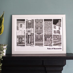 May include: Black and white illustration of six pubs in Newcastle, England. The pubs are drawn in a realistic style and include the names "The Strawberry", "The Trent House", "Crown Posada", "The Bodega", and "The Forth". The text "Pubs of Newcastle" is at the bottom of the image.