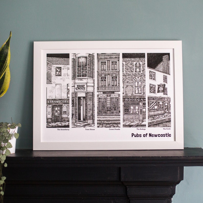May include: Black and white illustration of six pubs in Newcastle, England. The pubs are drawn in a realistic style and include the names "The Strawberry", "The Trent House", "Crown Posada", "The Bodega", and "The Forth". The text "Pubs of Newcastle" is at the bottom of the image.
