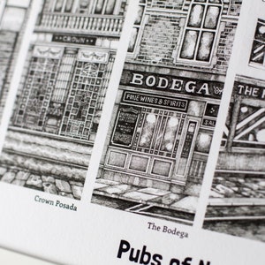 May include: Black and white illustration of a storefront with the text "Bodega Fine Wines & Spirits" above the entrance. The storefront has a brick facade and a large window with a sign that reads "Celebrated Ale & Stout" and "Quality Wines".
