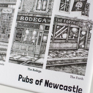 May include: A black and white illustration of two pubs in Newcastle, England. The first pub is called "Bodega" and the second pub is called "The Forth".