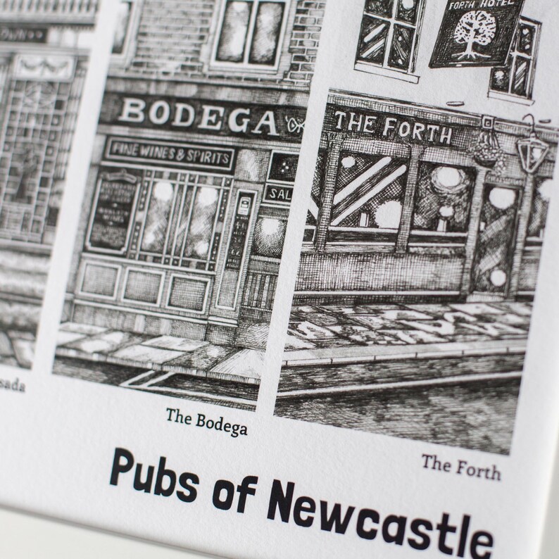 May include: A black and white illustration of two pubs in Newcastle, England. The first pub is called "Bodega" and the second pub is called "The Forth".