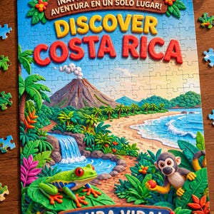 May include: A jigsaw puzzle featuring a clay-style illustration of Costa Rica with a volcano, waterfall, red-eyed tree frog, and a monkey. The text reads "¡NATURALEZA, CULTURA Y AVENTURA EN UN SOLO LUGAR!", "DISCOVER COSTA RICA", and "¡PURA VIDA!" in colorful, raised lettering.