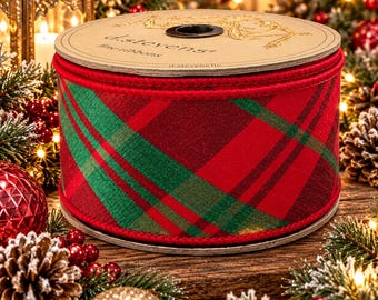 May include: A spool of wired ribbon featuring a red and green plaid pattern. The cardboard top is printed with the text d.stevens fine ribbons. The ribbon has a thick red corded edge along the top and bottom, providing a structured finish.