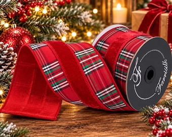 4' Luxury Farrisilk Red Velvet & Tartan Plaid Christmas Ribbon | Classic Designer Holiday Ribbon