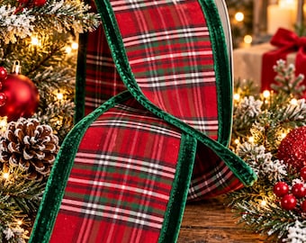 4’  Farrisilk Luxury Angsley Manor Red Plaid Christmas Ribbon with Emerald Green Velvet Trim