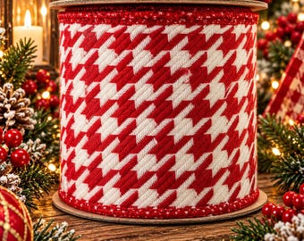 May include: A wide spool of ribbon featuring a classic red and white houndstooth pattern. The ribbon has a textured fabric weave and is finished with a thin, metallic red stitched edge along the top and bottom borders of the spool.