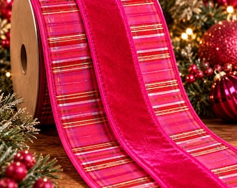 May include: A wide spool of decorative ribbon featuring a central strip of solid hot pink velvet flanked by sections of plaid fabric in shades of hot pink, red, and white with thin metallic gold horizontal lines running throughout the pattern.