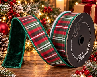 1.5' Luxury Farrisilk Red & Green Plaid Christmas Ribbon with Emerald Velvet Backing
