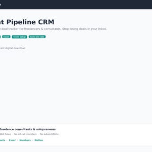 Könnte beinhalten: Eine digitale Produkt-Landingpage für ein Client Pipeline CRM von OakParcelCo. Die Seite zeigt den Titel Client Pipeline CRM, einen Preis von 9 $ sowie Beschriftungen für Google Sheets, Excel, 5-min setup und auto win rate. Entwickelt für Freelancer.