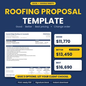 Peut inclure: Un modèle de proposition de toiture numérique pour Excel et Google Sheets présentant une mise en page avec des sections pour les détails du projet, la portée des travaux et trois niveaux de prix Good, Better et Best à $11 770, $13 450 et $16 690.