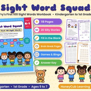May include: A blue educational workbook titled Sight Word Squad: Fry's First 100 Sight Words for kindergarten to 1st grade. The cover features cartoon children and a dog. It includes 118 pages, 20 silly stories, fill-in-the-blank, brain breaks, games, and an answer key.