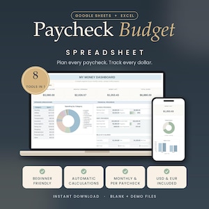 Op de afbeelding: Een digitaal salarisbudget-spreadsheet voor Google Sheets en Excel met een financieel dashboard op een laptop- en smartphonescherm. De interface toont financiële gegevens, uitgavenoverzichten en grafieken voor spaardoelen.