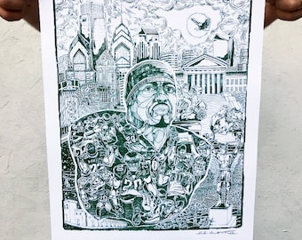 Philadelphia Tribute to Brian Dawkins Screen Print Green 16x20" -- Paul Carpenter Art