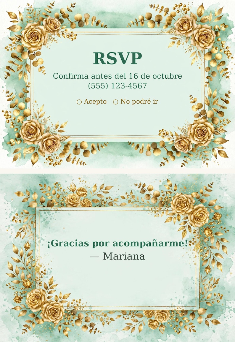 Quinceanera Invitation Editable Template GZ-520 | Mint Green Gold Mis ...