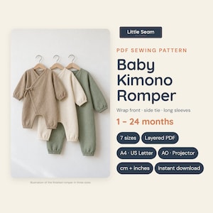 May include: A PDF sewing pattern for a baby kimono romper with a wrap front, side tie, and long sleeves. The image displays three rompers in beige, cream, and sage green on hangers, with text detailing 7 sizes for 1-24 months and file formats.