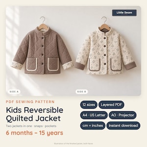 May include: A PDF sewing pattern for a kids reversible quilted jacket by Little Seam Patterns. The image shows two jackets with snaps and pockets, one in solid brown and one in a cream floral print, for sizes 6 months to 15 years.
