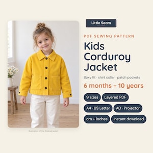 Nähschnittmuster für Kinderjacken (PDF), Cordjacken-Schnittmuster für Mädchen, Arbeitsjacke für Kleinkinder, Babyjacke, Jacke mit Knöpfen, Größe: 6 Monate bis 10 Jahre