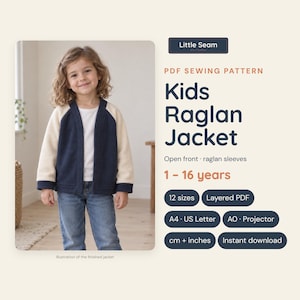 Patrón de costura en PDF para chaqueta infantil, cárdigan raglán para niños y niñas, abrigo abierto para bebés y adolescentes, ideal para principiantes, tallas de 1 a 16 años.