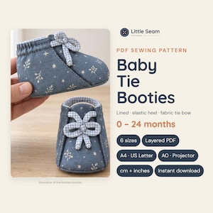 May include: A PDF sewing pattern for baby tie booties by Little Seam Patterns. The image shows blue fabric booties with a white floral and star print, featuring a blue and white checkered fabric bow and an elastic heel for sizes 0-24 months.