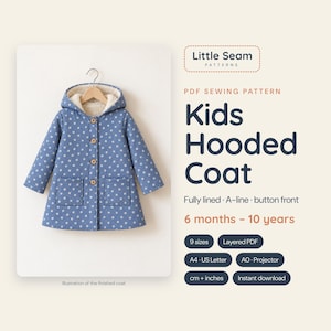 Peut inclure: Un manteau à capuche bleu avec un motif floral blanc, une doublure en polaire crème et quatre boutons sur le devant. Le texte indique Little Seam Patterns, PDF Sewing Pattern, Kids Hooded Coat, 6 months - 10 years, 9 sizes, Layered PDF, A4 - US Letter, AO - Projector, cm + inches, Instant download.