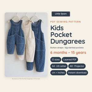 May include: A PDF sewing pattern for kids' pocket dungarees by Little Seam Patterns. The image shows three pairs of dungarees on hangers: two in blue denim and one in cream fabric, featuring button straps and large slanted pockets.