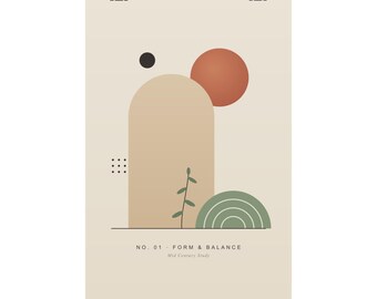 Lámina decorativa de estilo moderno de mediados de siglo, póster abstracto de arco en tonos neutros, decoración geométrica en terracota y verde salvia para sala de estar u oficina.