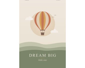 Lámina decorativa de globo aerostático para habitación infantil, póster "Sueña en grande, pequeño/a", decoración bohemia neutra para habitación infantil, regalo para bebé en tonos salvia y terracota.