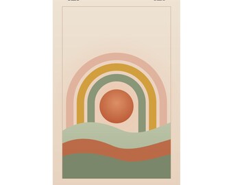 Lámina decorativa de pared Boho Sunrise, póster de arcoíris de terracota, decoración moderna de mediados de siglo para sala de estar, arte para dormitorio en verde salvia