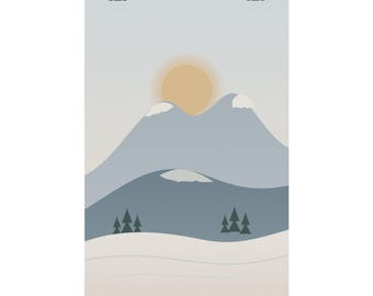 Lámina decorativa de montaña nevada, póster minimalista de paisaje invernal, decoración neutra para cabaña, arte de pino, regalo acogedor de invierno