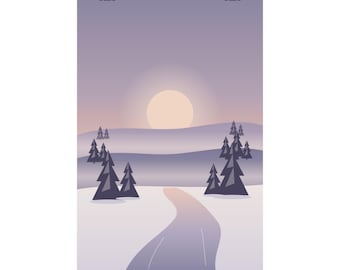 Lámina decorativa de atardecer invernal, póster de paisaje de pinos nevados en tonos rosa y lavanda, decoración de río helado, arte para un dormitorio tranquilo, regalo de invierno