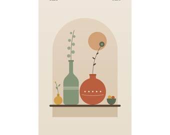 Lámina decorativa de estilo moderno de mediados de siglo, póster de jarrón de terracota y salvia, decoración bohemia de naturaleza muerta para cocina o sala de estar.