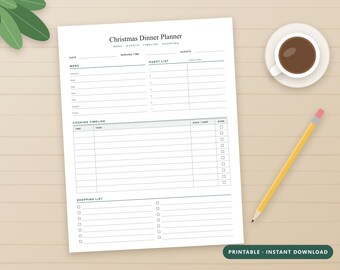 Planificador de cena navideña imprimible, menú festivo y cronograma de cocina, lista de invitados y lista de compras, PDF minimalista