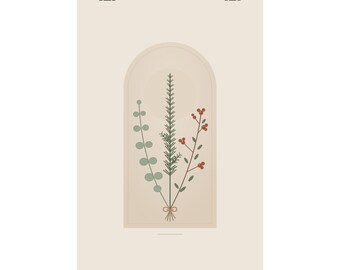 Stampa artistica natalizia neutra da parete, poster botanico invernale con pino ed eucalipto, decorazione natalizia boho, arte con arco di salvia, regalo di Natale