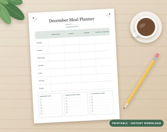 Utskrivbar matplanerare för december, veckomenyplan för helgdagar med inköpslista, bakverk och rester, US Letter och A4 PDF