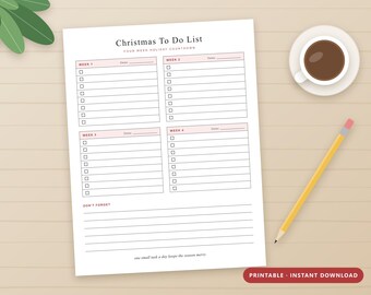 Lista de tareas navideñas imprimible, lista de verificación de cuenta regresiva de 4 semanas para las fiestas, planificador de preparación navideña, PDF en formato Carta de EE. UU. y A4, minimalista.