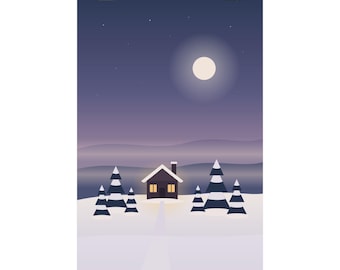 Lámina decorativa de cabaña nevada, póster de paisaje nocturno invernal, decoración de bosque de pinos a la luz de la luna, arte acogedor para la sala de estar, regalo de invierno