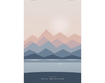 Lámina decorativa minimalista de montaña para pared, póster de paisaje en tonos azul empolvado y rosa pálido, decoración nórdica moderna para dormitorio, arte relajante para oficina.
