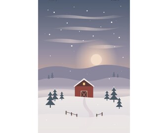 Lámina decorativa de granero rojo nevado, póster de paisaje invernal de granja, decoración rústica campestre, arte de atardecer invernal, regalo de inauguración de casa