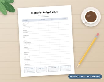 Utskrivbar budgetplanerare för 2027, månadsbudget, hushållsutgiftsspårare, budget kontra faktisk arbetsblad, US Letter och A4 PDF