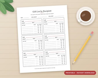 Christmas Gift List by Recipient Printable, Holiday Gift Planner per Person, Budget Tracker, Buy and Wrap Checklist, Letter and A4 PDF