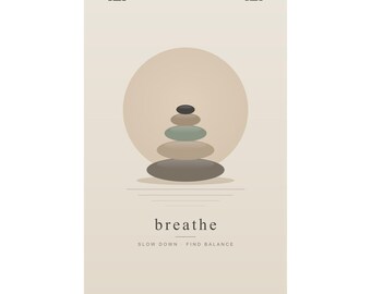 Lámina decorativa Japandi, póster de piedras de equilibrio zen, decoración neutra para baño tipo spa, arte tipográfico "Respira", arte de pared para dormitorio tranquilo