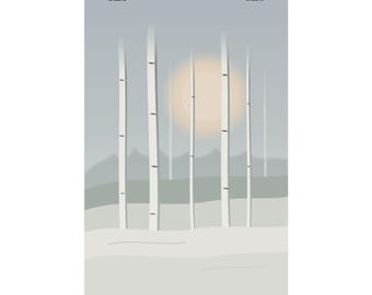 Lámina decorativa de bosque de abedules invernal, póster de bosque nevado en tonos suaves, decoración neutra de temporada, arte para sala de estar relajante, regalo navideño