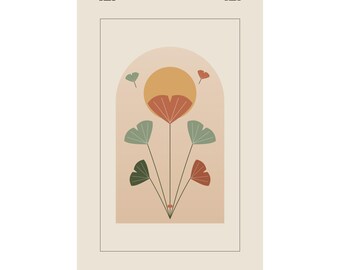 Ginkgo Leaf Wall Art Print, Terracotta and Sage Mid Century Botanical Poster, Japandi Arch Decor for Living Room or Bedroom