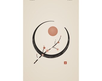 Japandi Wall Art Print, Plum Blossom Enso Circle Poster, Wabi Sabi Zen Decor, Neutral Bedroom Art, Calm Living Room Wall Art