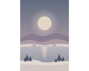 Lámina decorativa de luna invernal, póster de paisaje de lago helado, decoración invernal en tonos azules y malva, arte para un dormitorio tranquilo, regalo de invierno