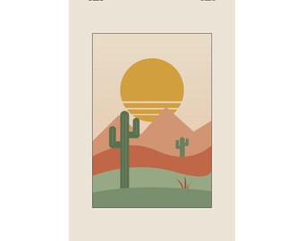 Stampa artistica da parete in stile Mid-Century Modern con tema deserto, poster di cactus saguaro in terracotta e salvia, decorazione retrò boho del sud-ovest